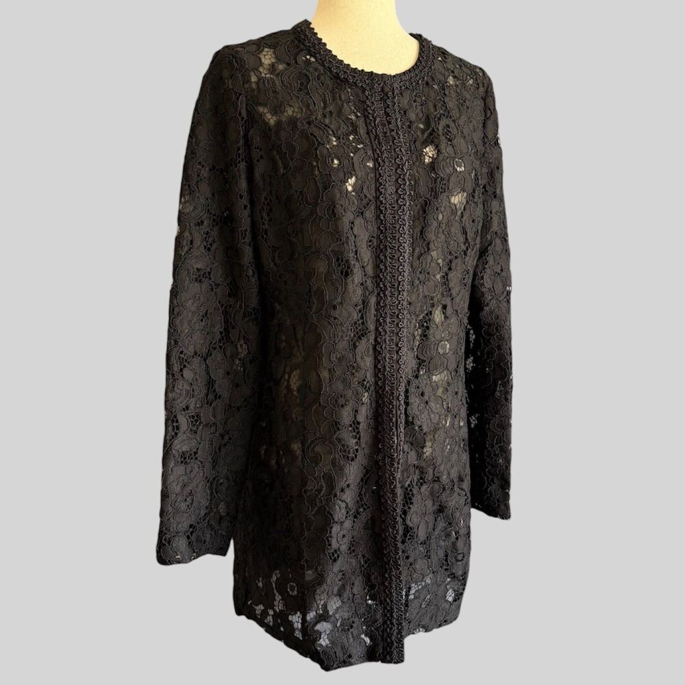 Karl Lagerfeld Black Lace Long Jacket Size 6 Elegant Tunic Dressy Topper Classic